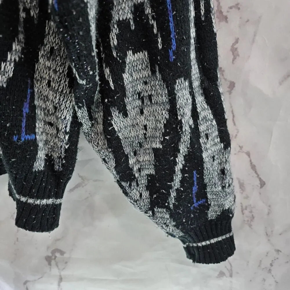 Vintage Sweater Mens XL Black Gray Blue Acrylic 80s 90s Raglan Ikat Abstract